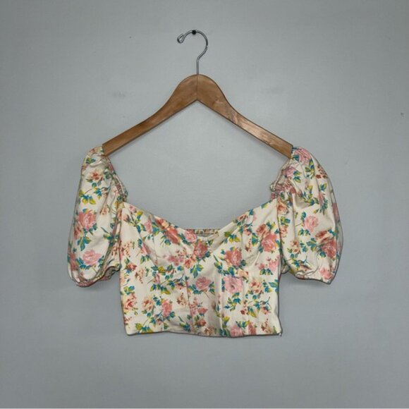 Zara Crop Top Women’s Size Large Floral Puffy Sleeve‎ Smocked Back Corset Point - Picture 2 of 14